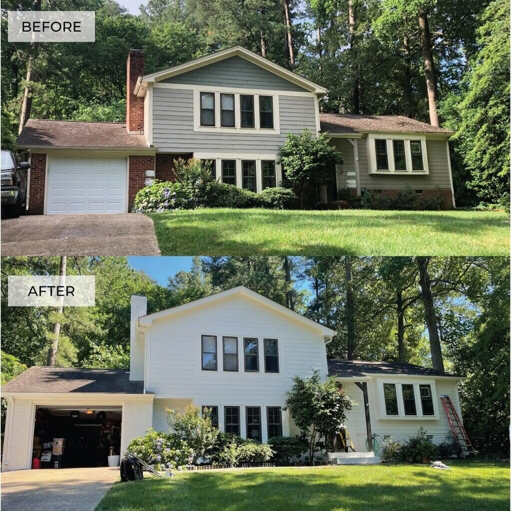 before and after exterior paint project in Cary, NC front of house
