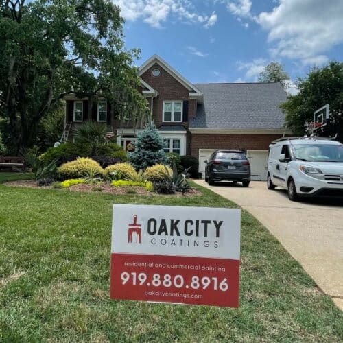 oak city coatings sign in front of house in Cary, NC before limewash project