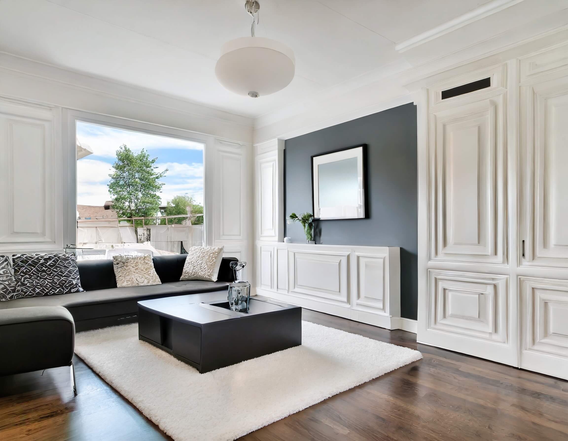 entertainment room with trim painted a timeless white.