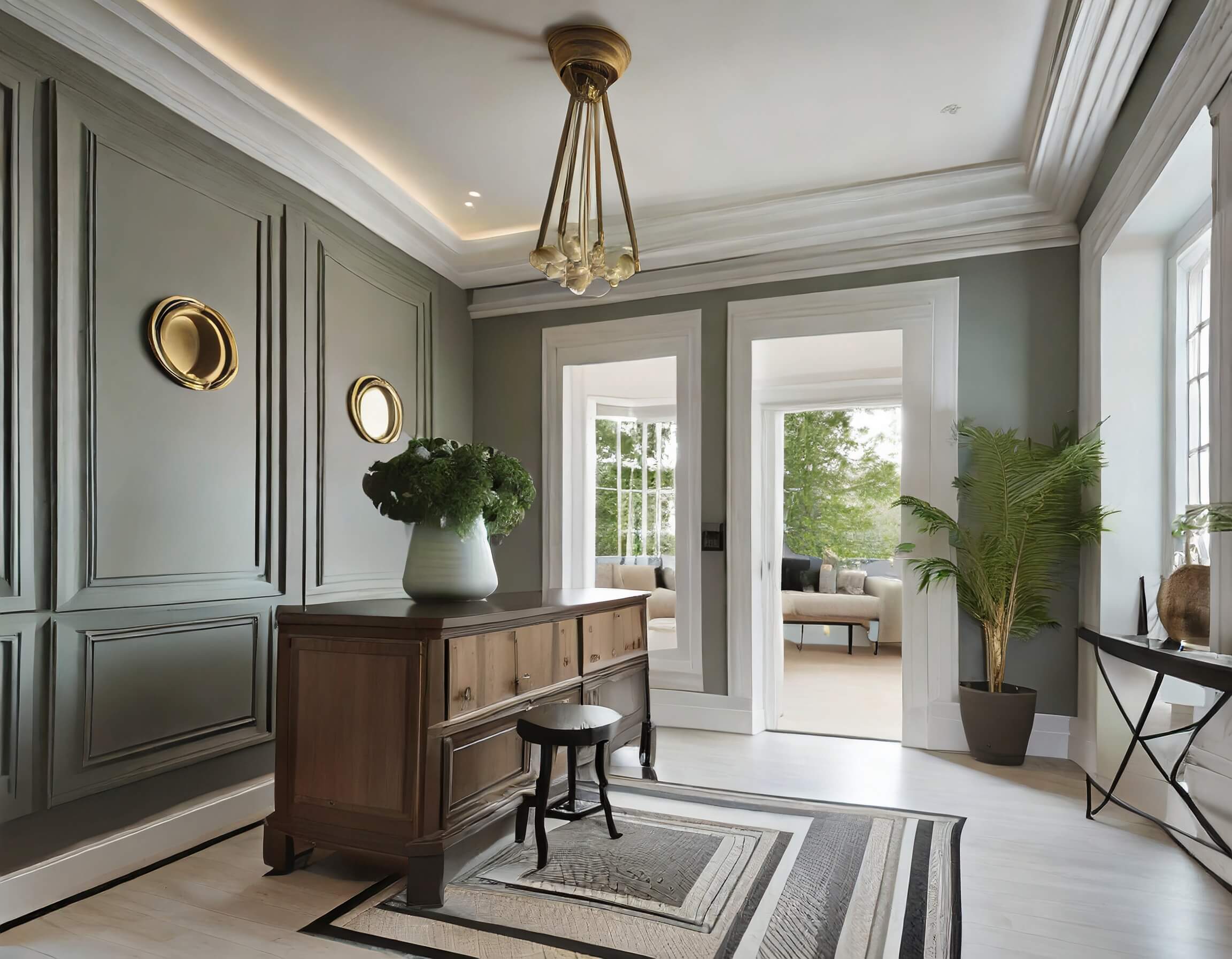 Modern interior with walls and trim painted in contrasting colors to accent the moulding.