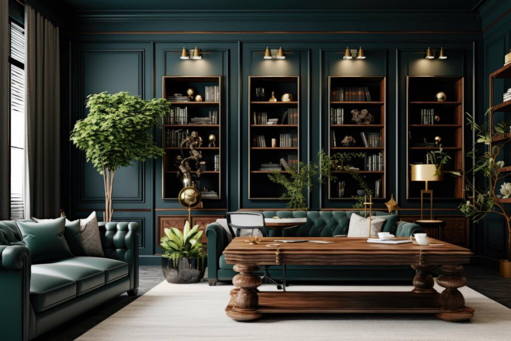 home office with walls and trim painted the same color, a dark hue of green.