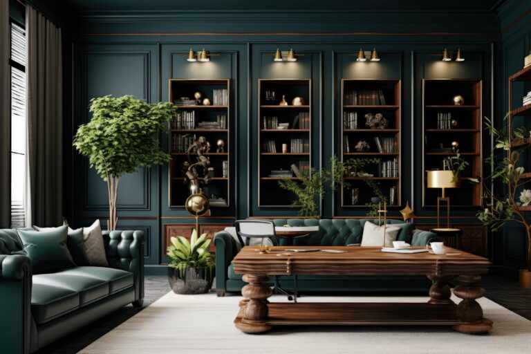 home office with walls and trim painted the same color, a dark hue of green.
