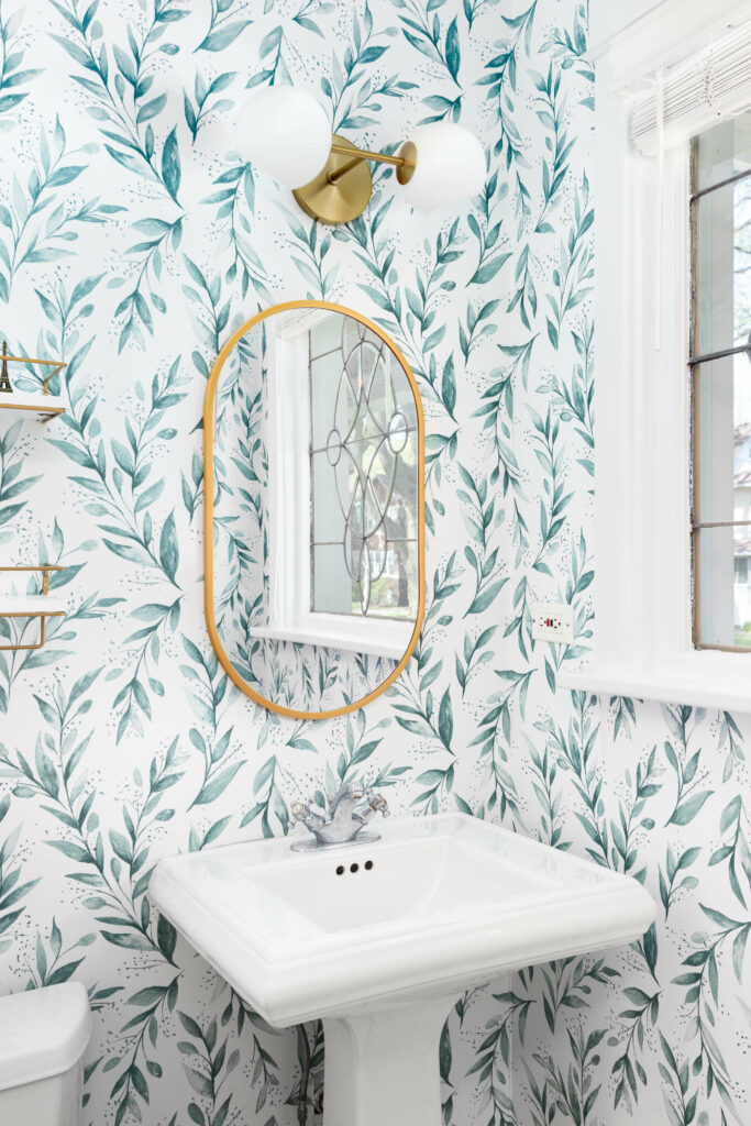Wallpaper in bathroom in Raleigh home after painting project.