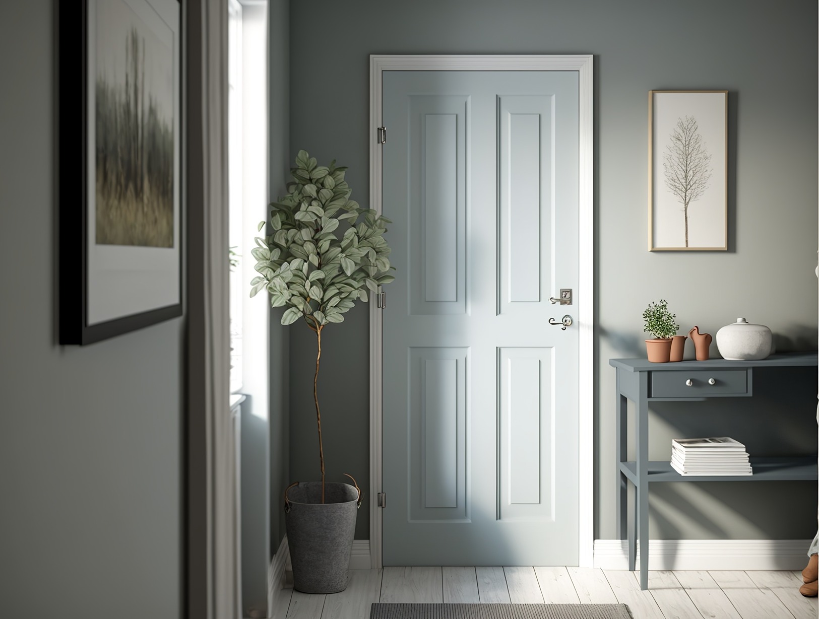 Interior door painted light blue.