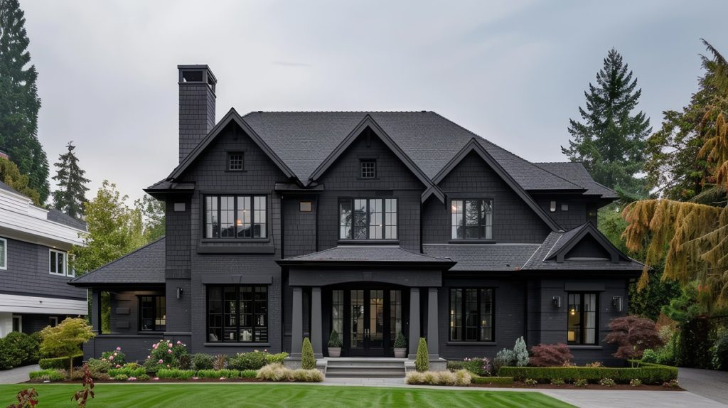 Charcoal exterior paint color with black roof.