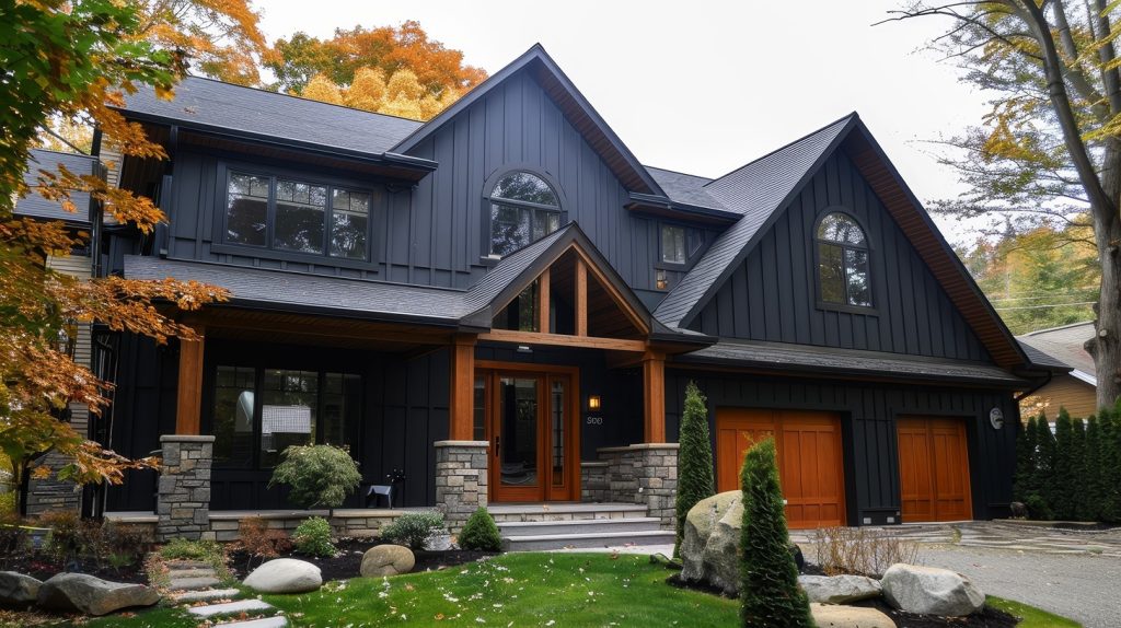 navy exterior paint color with black roof