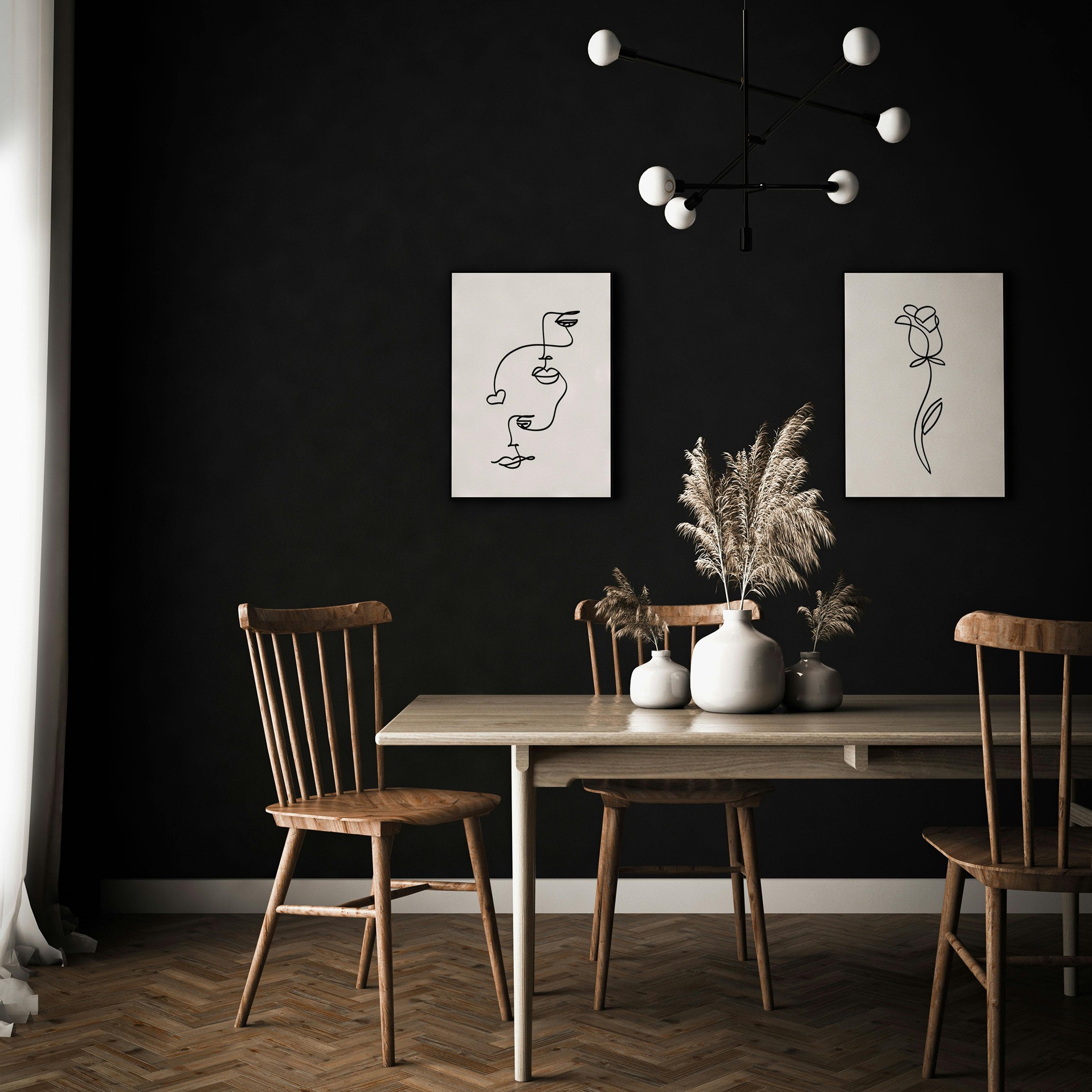 black painted accent wall in dining room