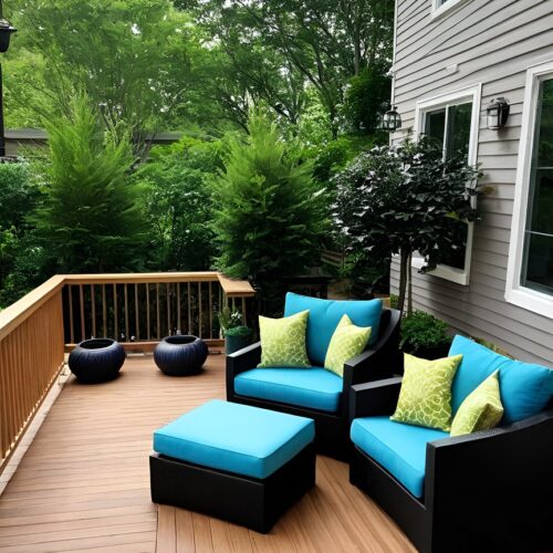 stained deck with patio furniture on it