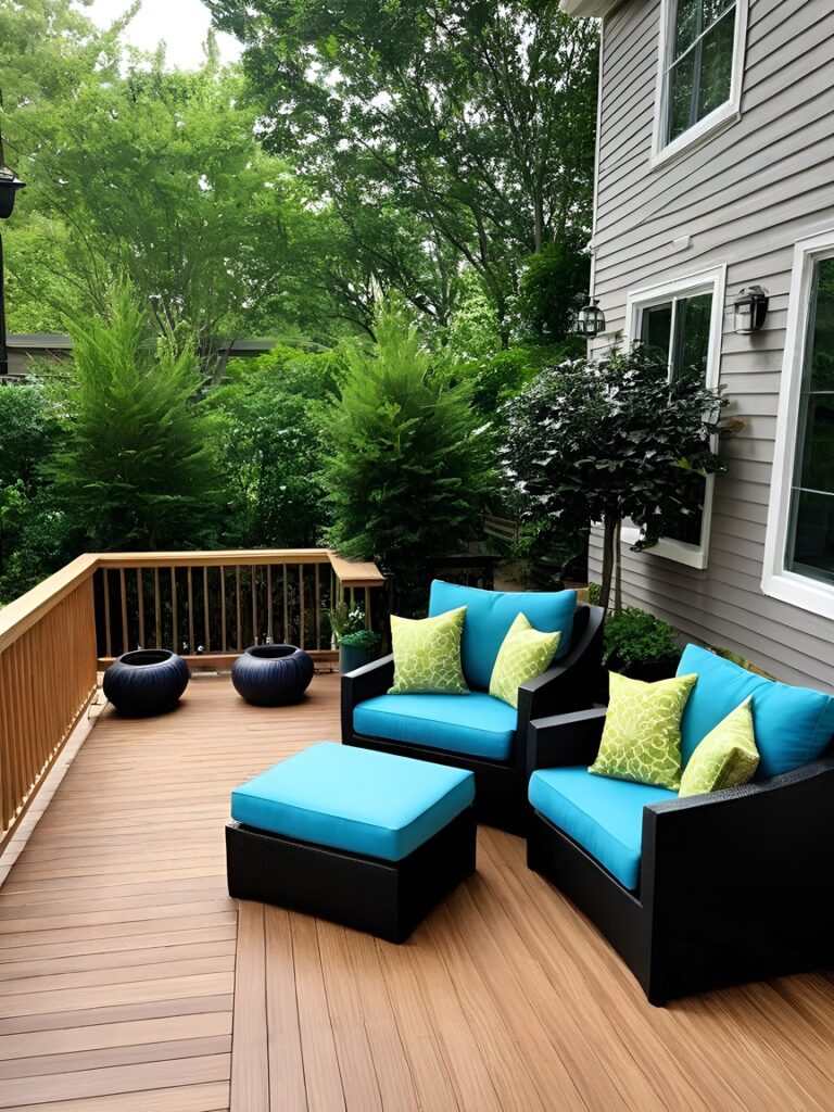stained deck with patio furniture on it