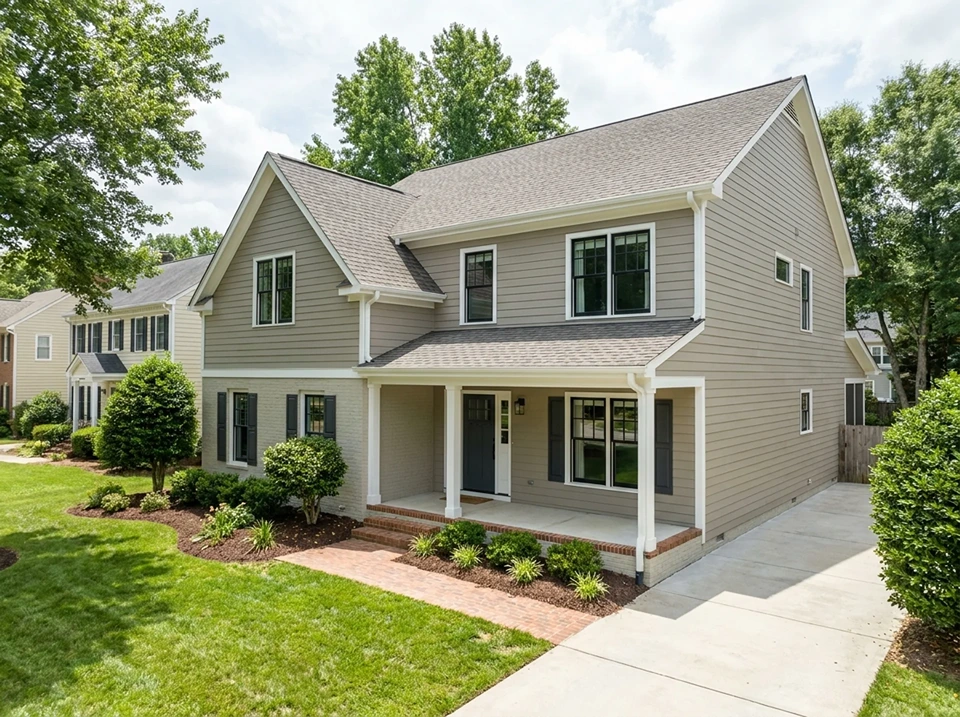 Freshly painted Raleigh, NC home exterior with warm greige siding, crisp white trim, and a clean, professional finish.
