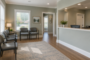 Small medical practice waiting room freshly repainted in a calm sage gray with white trim and a reception desk