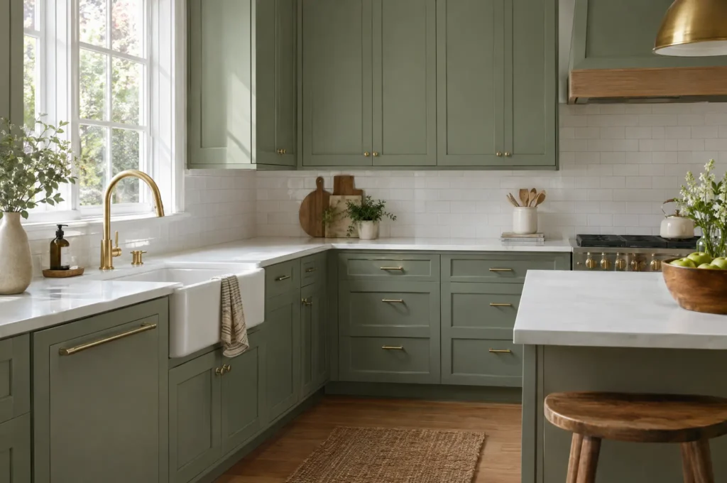 Kitchen cabinets painted in a smooth sage green finish with brass hardware