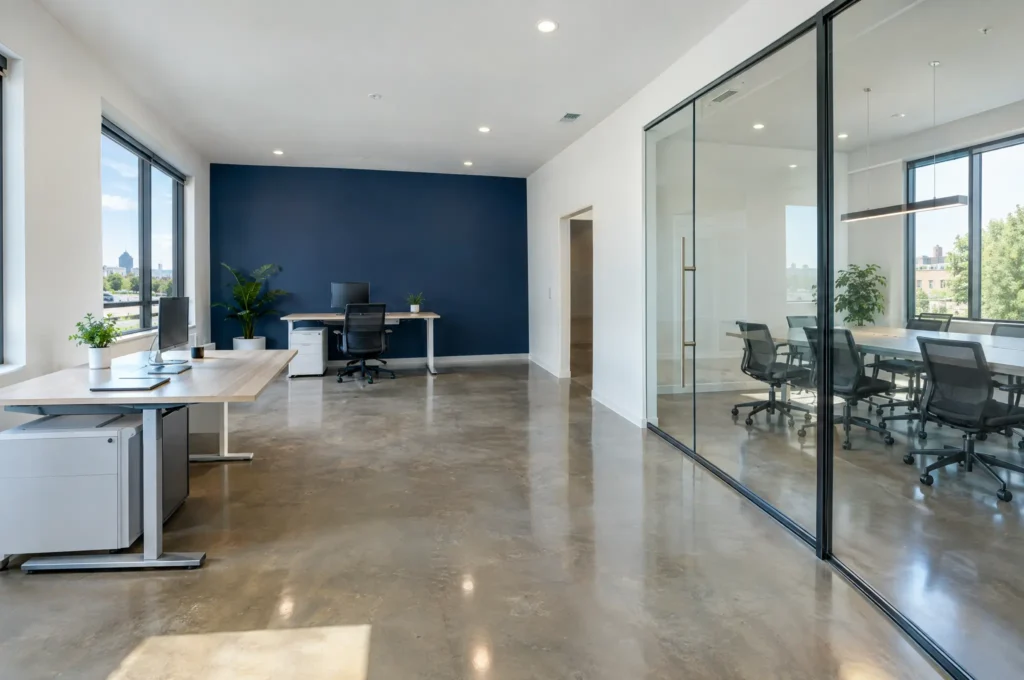 Freshly painted commercial office with white walls and a navy accent wall