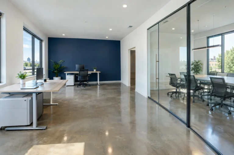 Freshly painted commercial office with white walls and a navy accent wall