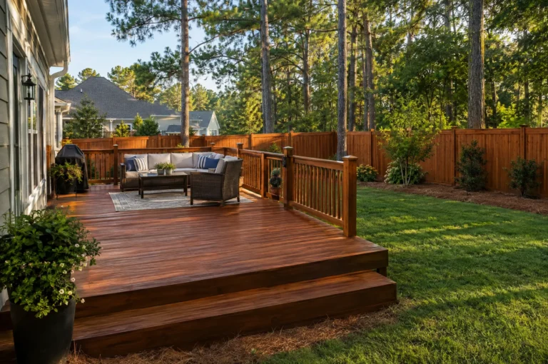 Backyard deck and privacy fence freshly stained in a rich cedar tone