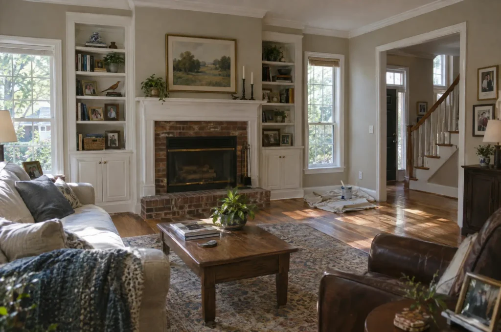 Freshly painted family room in a Cary, NC home with greige walls, white trim and built-in bookshelves around a brick fireplace