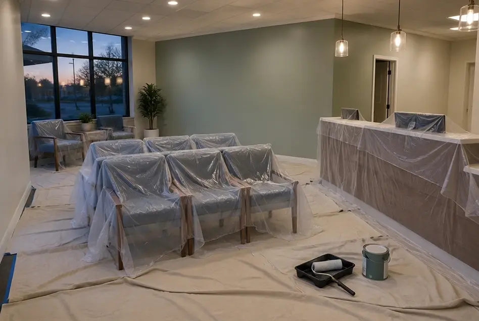 Medical office waiting room prepped for an after-hours repaint, with chairs and reception desk covered in plastic, drop cloths on the floor, and a freshly painted sage green wall