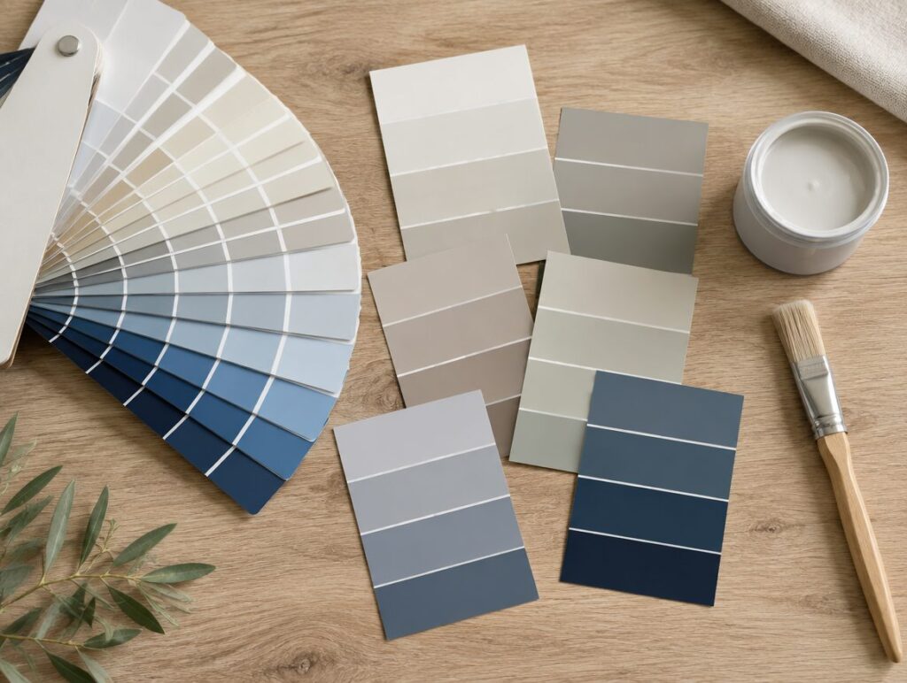 Paint color fan deck and sample chips on a table for a residential color consultation