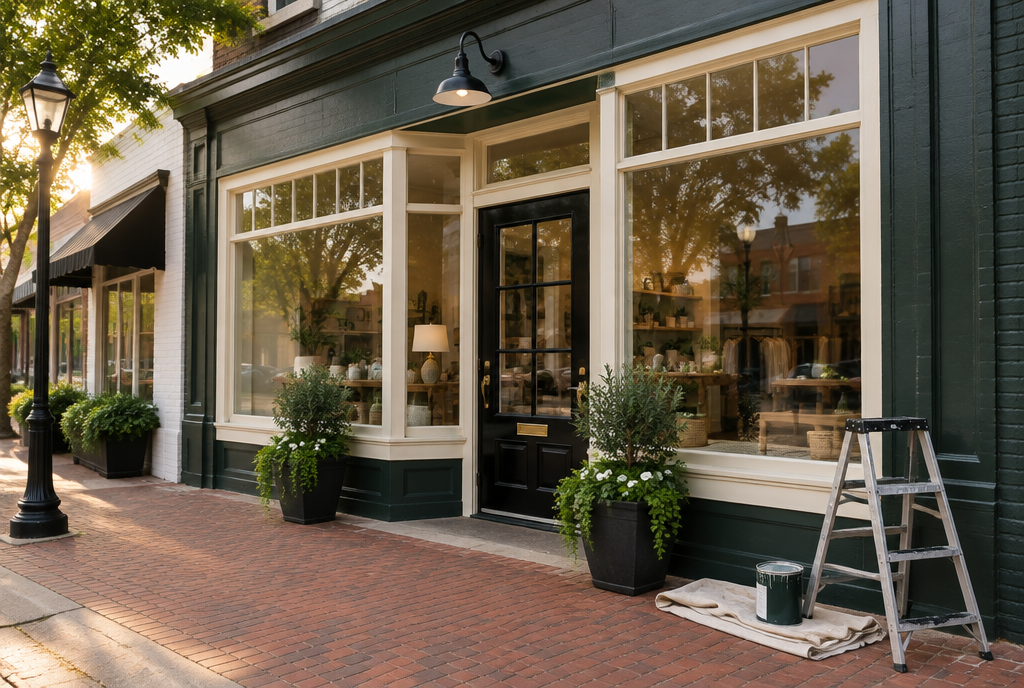 Freshly repainted charcoal-green retail storefront with cream trim and large display windows, with a ladder and drop cloth by the door after overnight painting