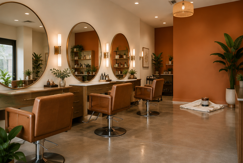 Boutique hair salon with a freshly painted terracotta accent wall, round mirrors above styling stations, and leather salon chairs in Raleigh