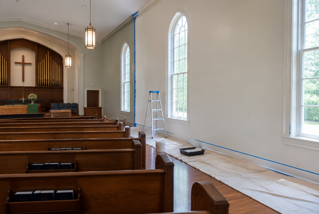 Empty church sanctuary during a phased weekday repaint with one wall freshly painted, drop cloths and a ladder set aside