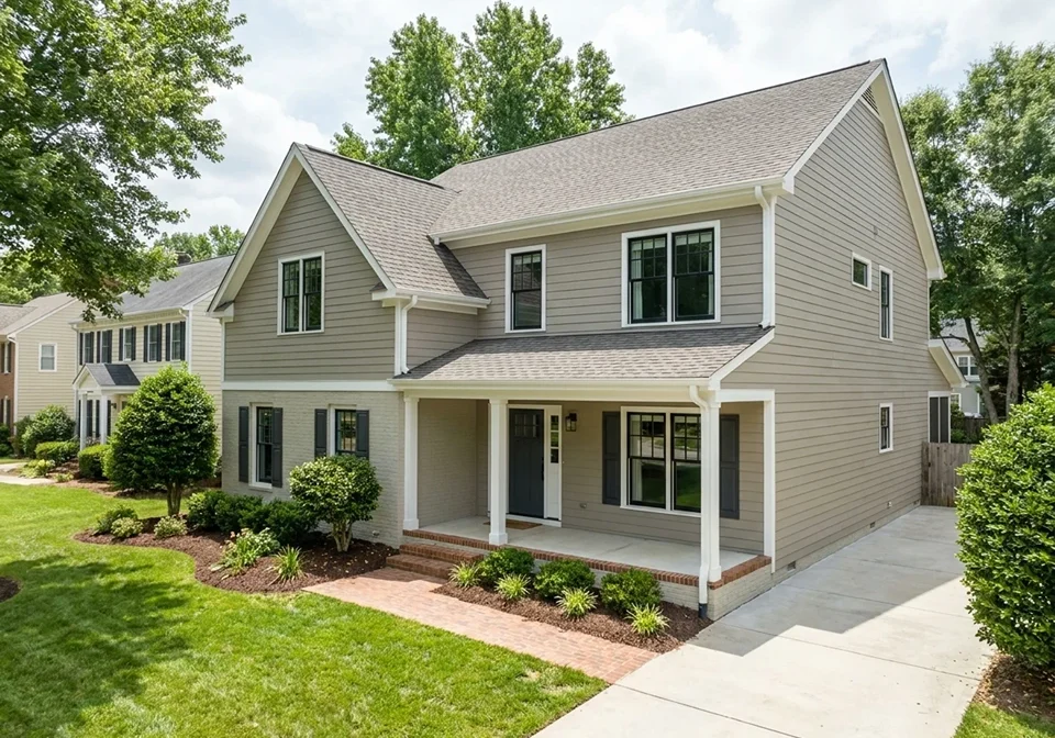 Freshly painted Raleigh, NC home exterior with warm greige siding, crisp white trim, and a clean, professional finish.
