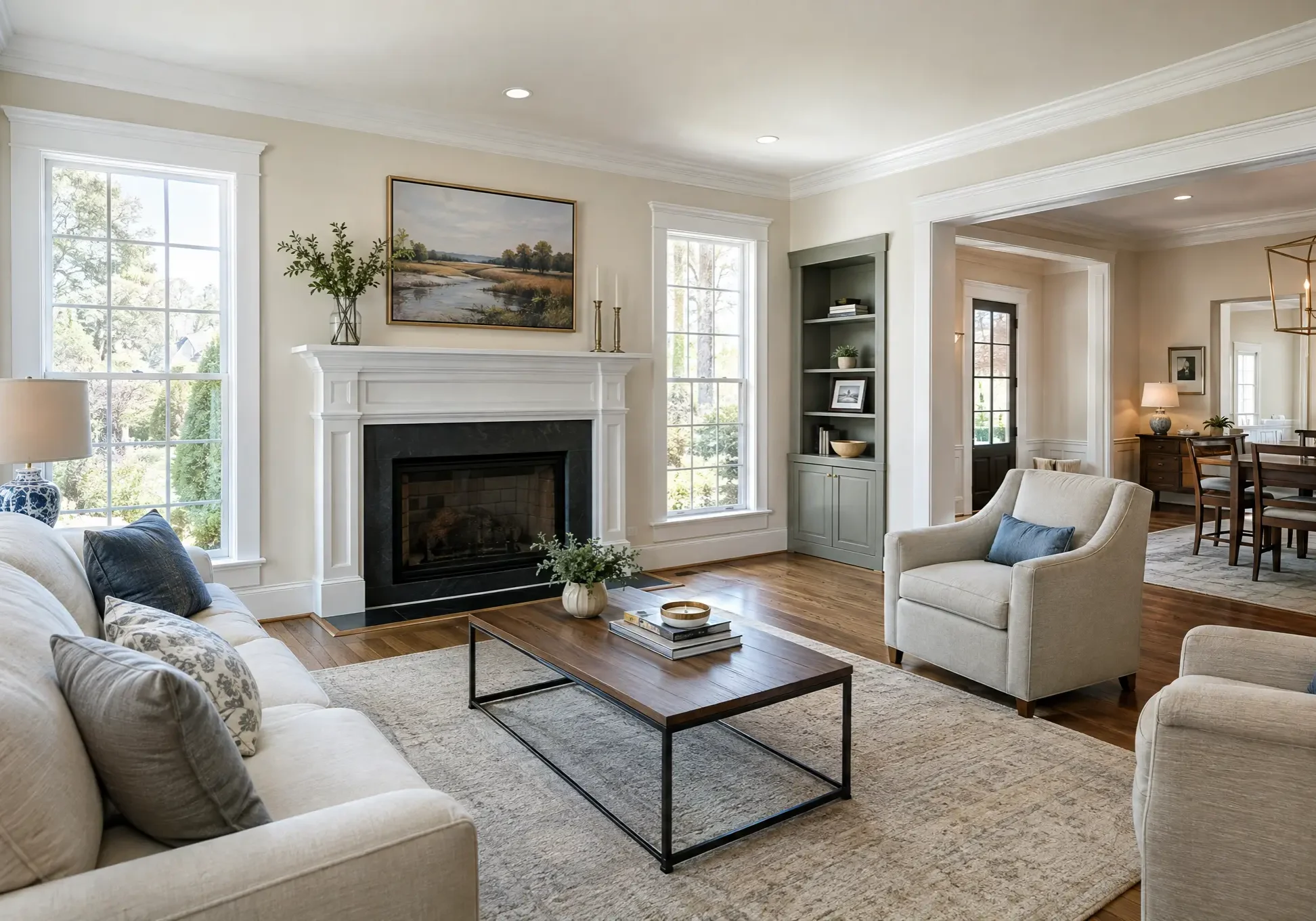 Freshly painted living room with warm white walls and crisp white trim by Oak City Coatings