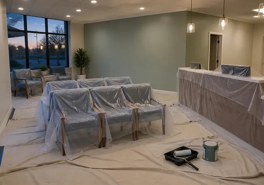 Medical office waiting room prepped for an after-hours repaint, with chairs and reception desk covered in plastic, drop cloths on the floor, and a freshly painted sage green wall