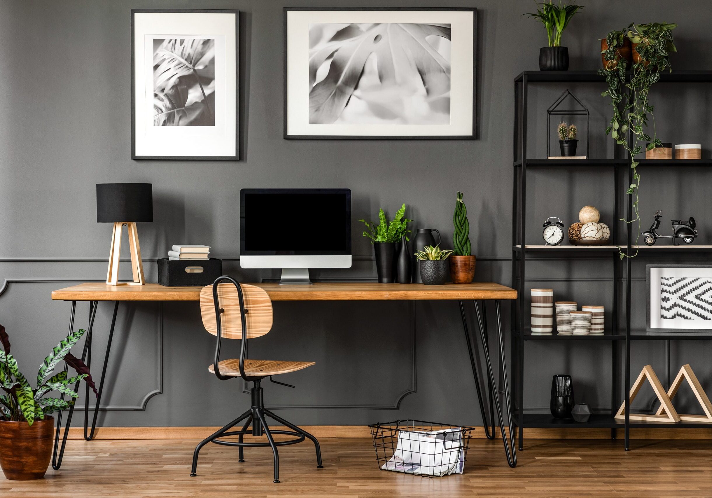 home office with matte paint sheen in gray