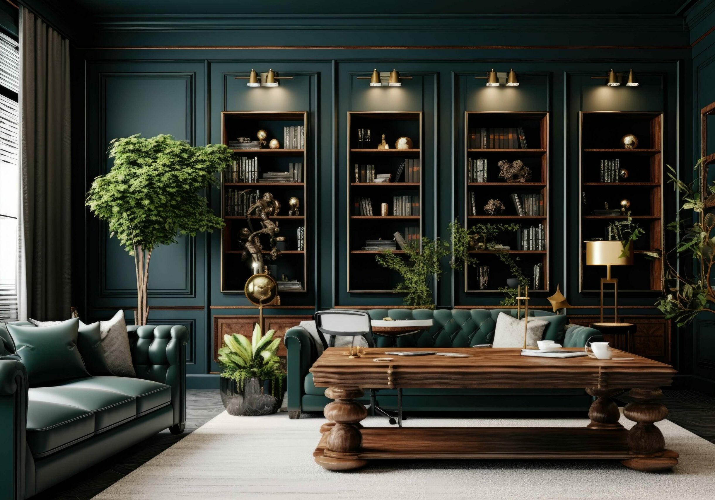 home office with walls and trim painted the same color, a dark hue of green.
