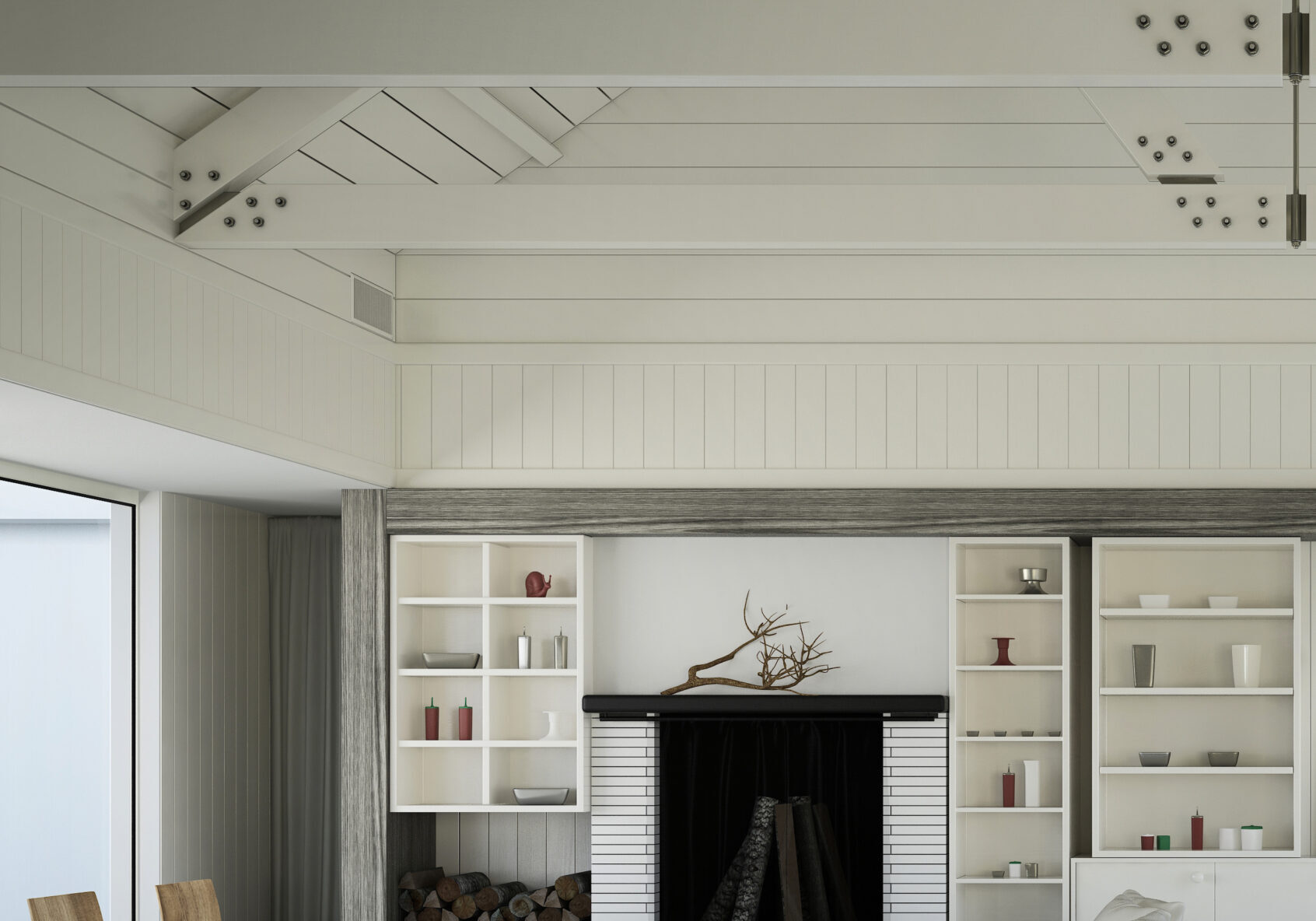 painted wood paneling on ceiling