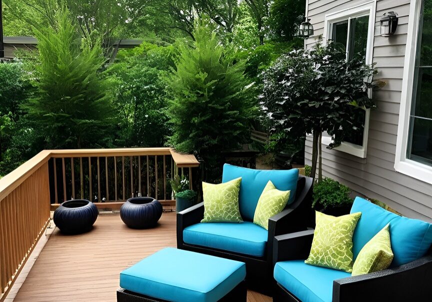 stained deck with patio furniture on it