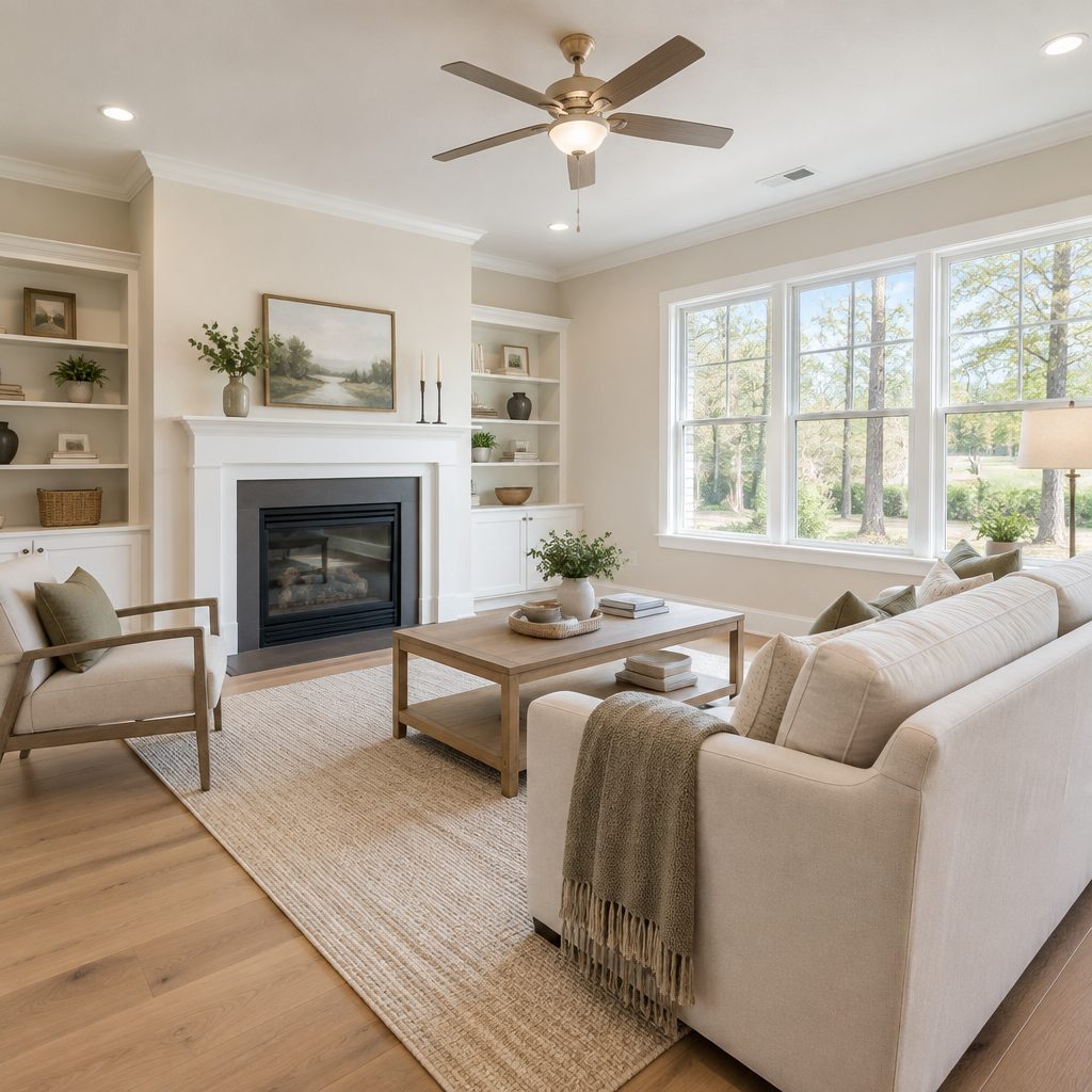 Freshly painted staged living room with warm white walls, ready for a real estate listing in Raleigh, NC