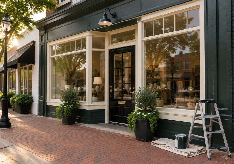 Freshly repainted charcoal-green retail storefront with cream trim and large display windows, with a ladder and drop cloth by the door after overnight painting