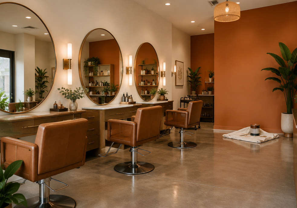 Boutique hair salon with a freshly painted terracotta accent wall, round mirrors above styling stations, and leather salon chairs in Raleigh