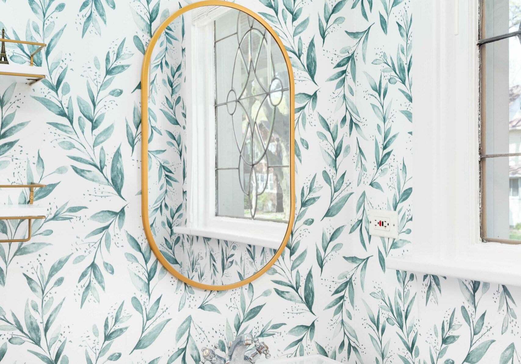 Wallpaper in bathroom in Raleigh home after painting project.
